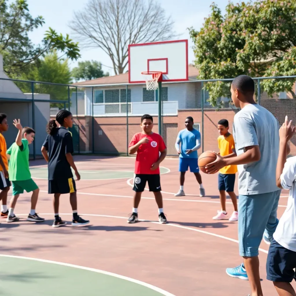 A diverse group of young athletes practicing basketball outdoors in a community setting.