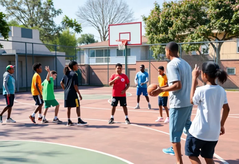 A diverse group of young athletes practicing basketball outdoors in a community setting.