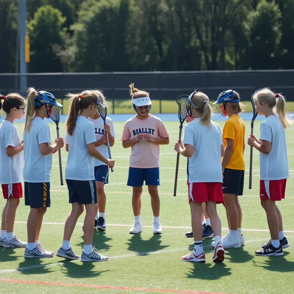 Young athletes participating in a lacrosse clinic