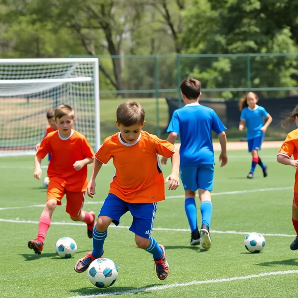 Children participating in youth soccer clinics on a sunny field