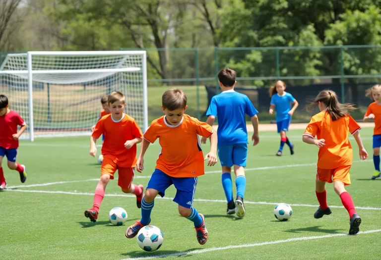 Children participating in youth soccer clinics on a sunny field