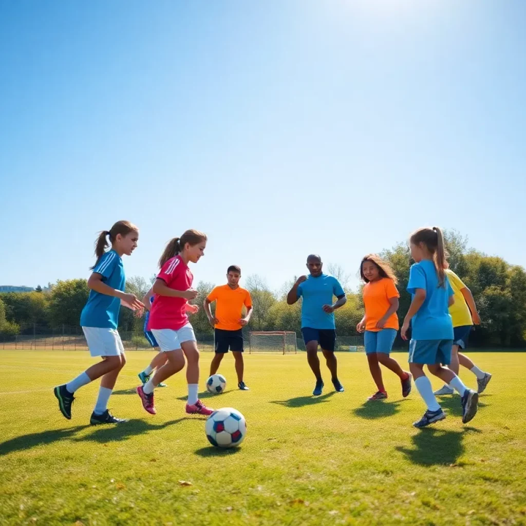 Young athletes practicing soccer with a coach on the field
