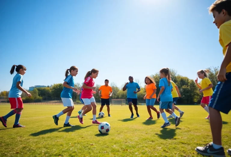 Young athletes practicing soccer with a coach on the field