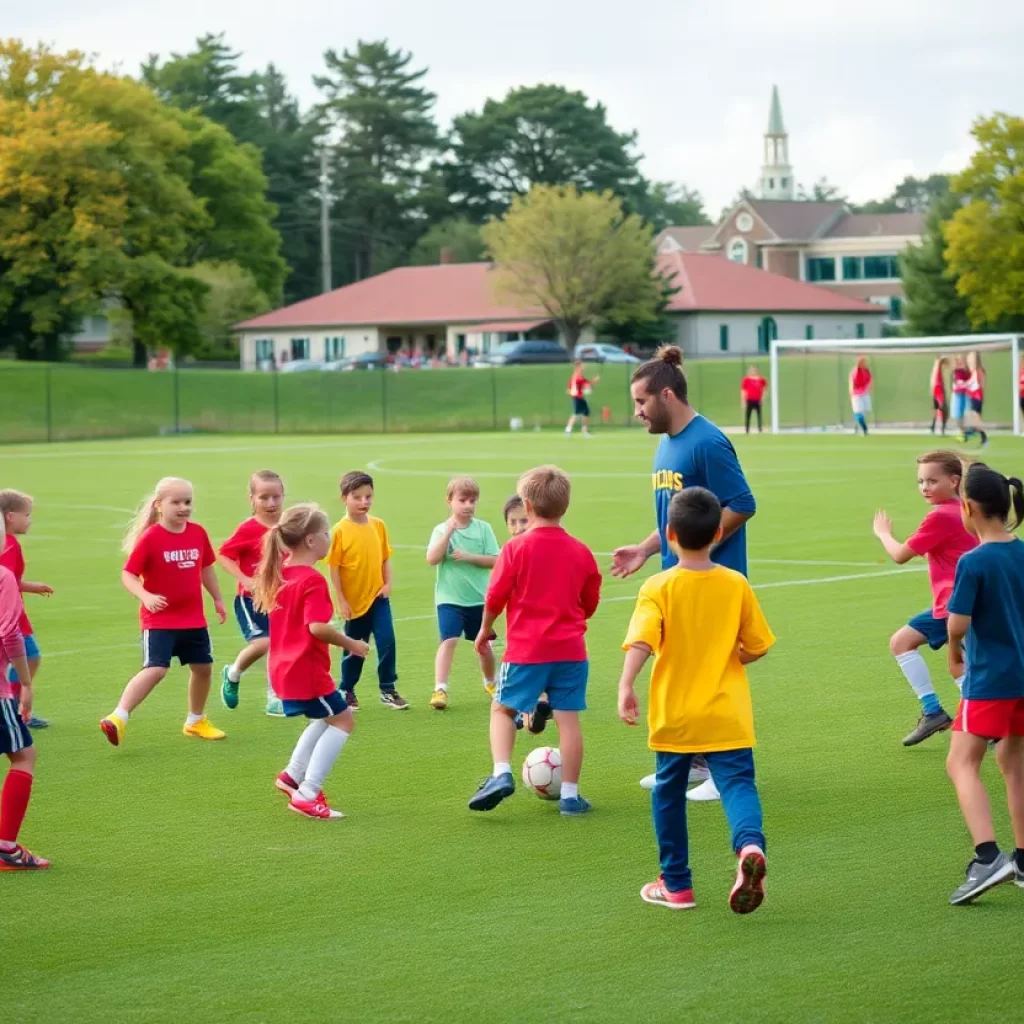 Children practicing soccer on a field in Mount Carmel under the guidance of a coach.
