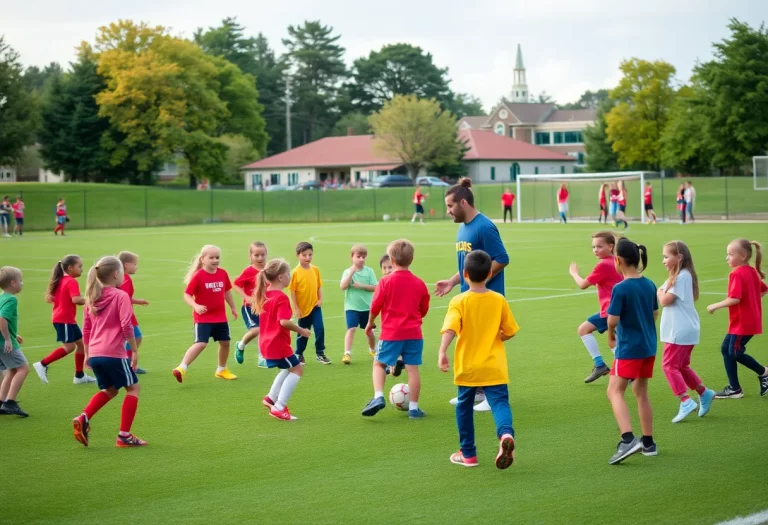 Children practicing soccer on a field in Mount Carmel under the guidance of a coach.