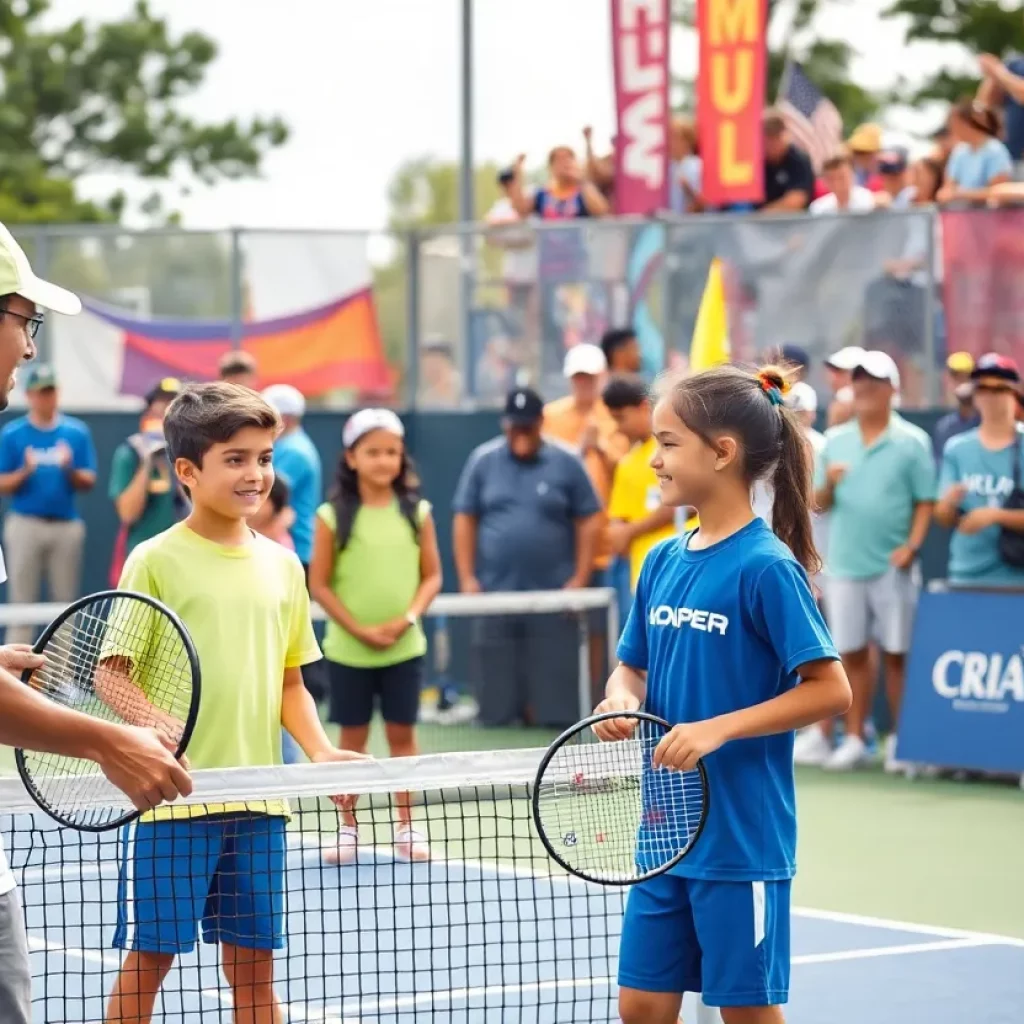 Young athletes playing tennis at a community event