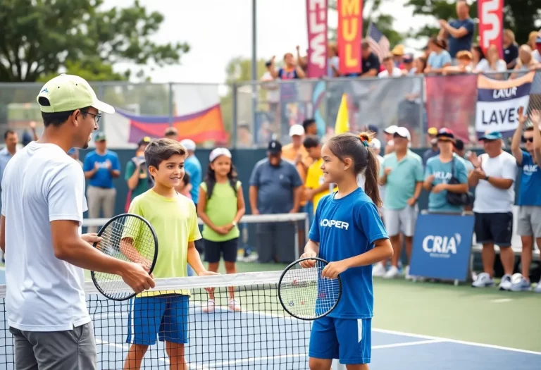 Young athletes playing tennis at a community event