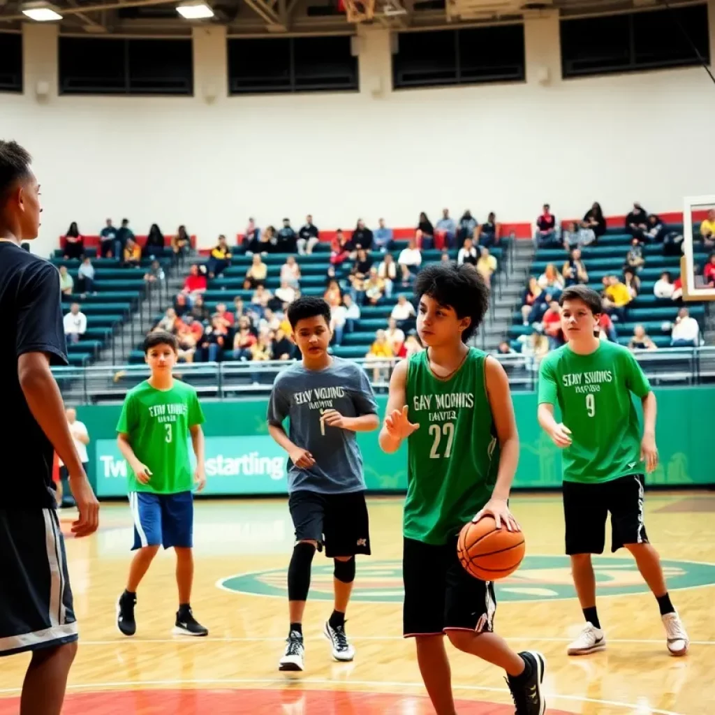 Young basketball players practicing on the court