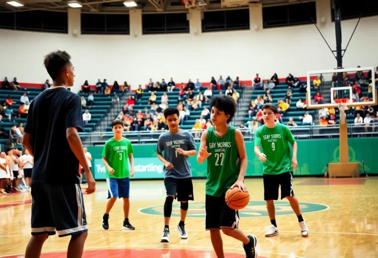 Young basketball players practicing on the court