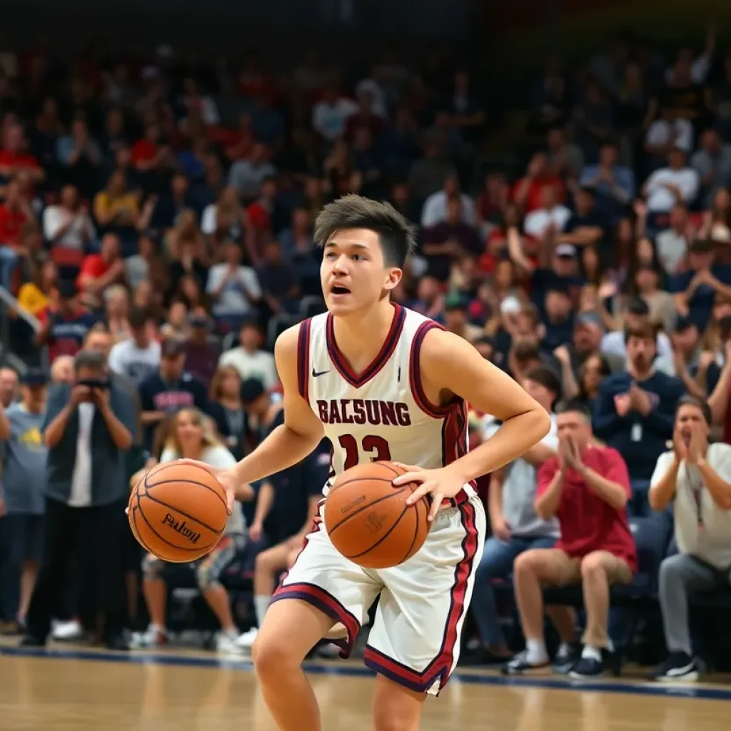 High school basketball player in action during a decision day event.