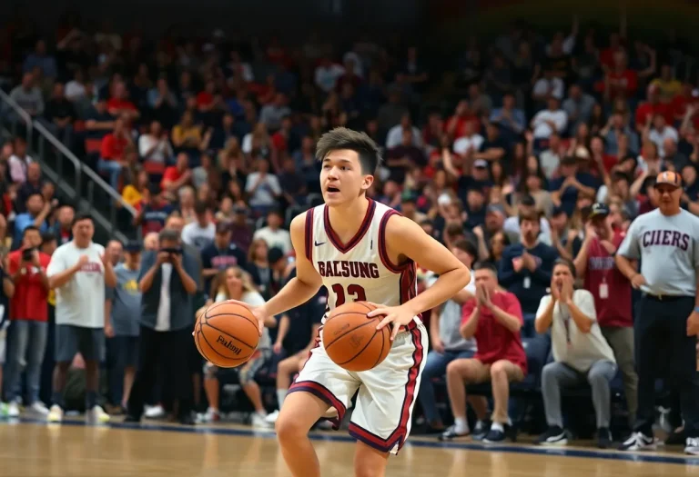 High school basketball player in action during a decision day event.