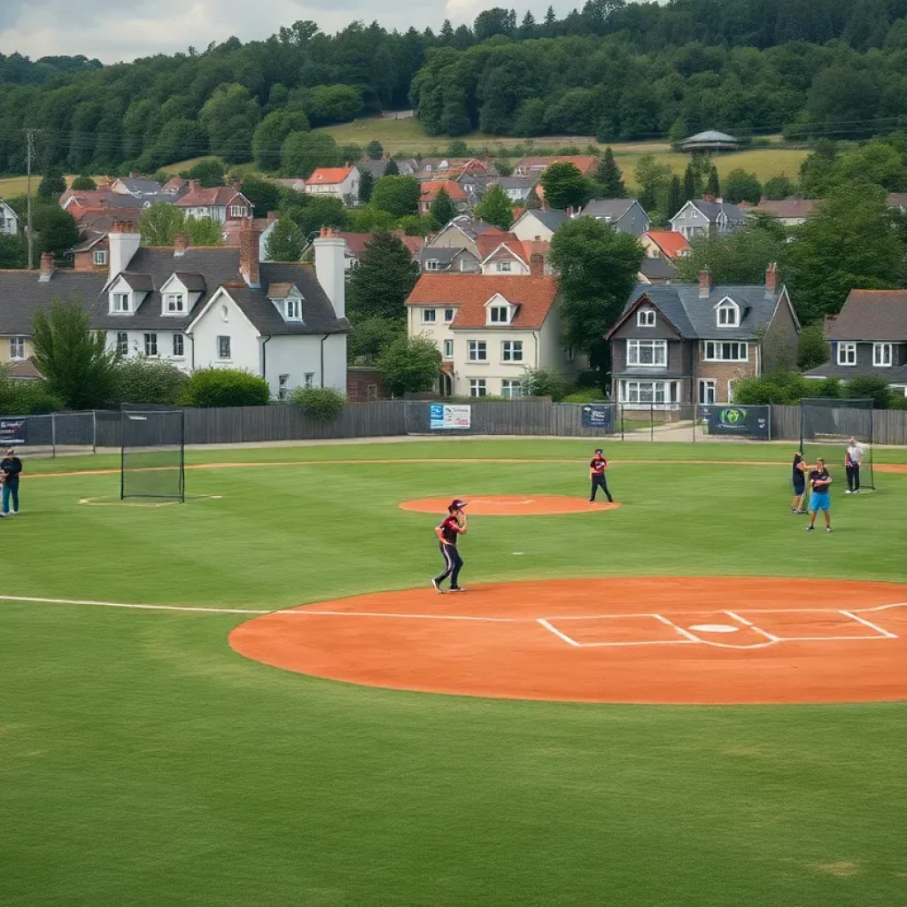Baseball field in Adel with players practicing