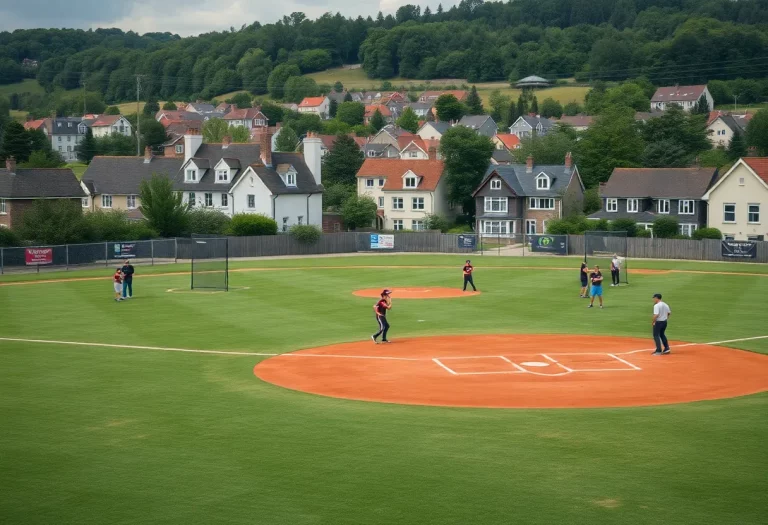 Baseball field in Adel with players practicing