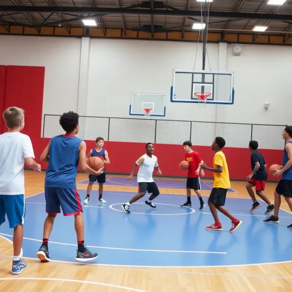 Young basketball players practicing on a court