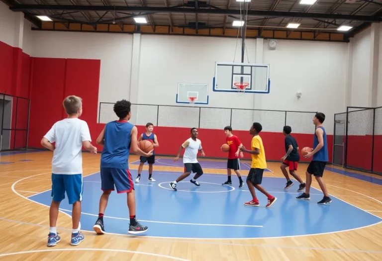 Young basketball players practicing on a court