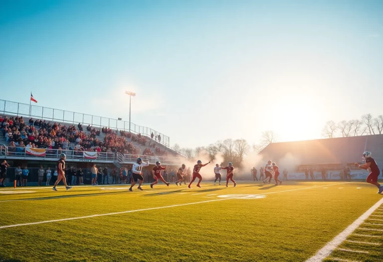 High school football game in Alabama with players and cheering fans