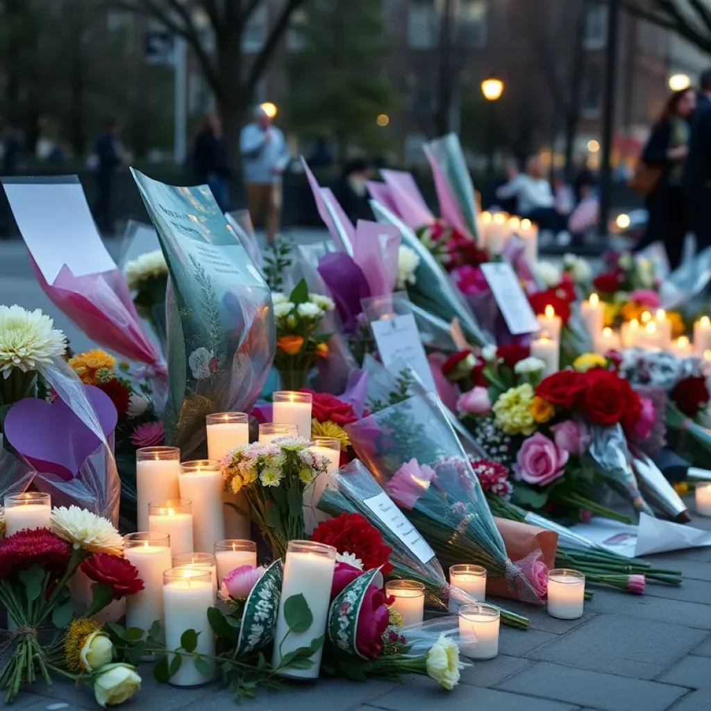 Candles and flowers at a community memorial for the Alpharetta shooting victim
