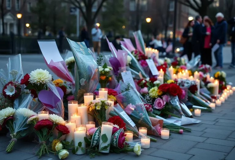 Candles and flowers at a community memorial for the Alpharetta shooting victim