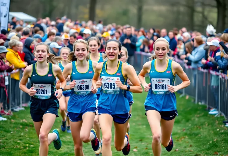 Alton High School girls cross country team running in a race