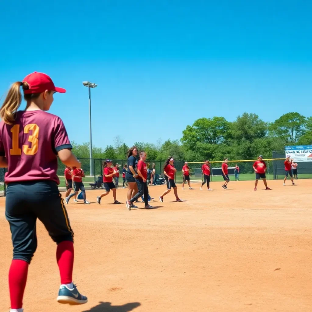 Youth softball players practicing on the field.