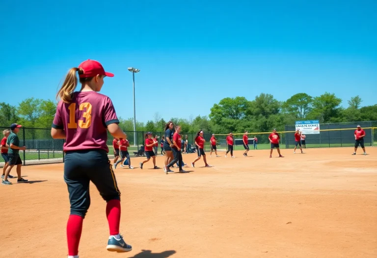 Youth softball players practicing on the field.