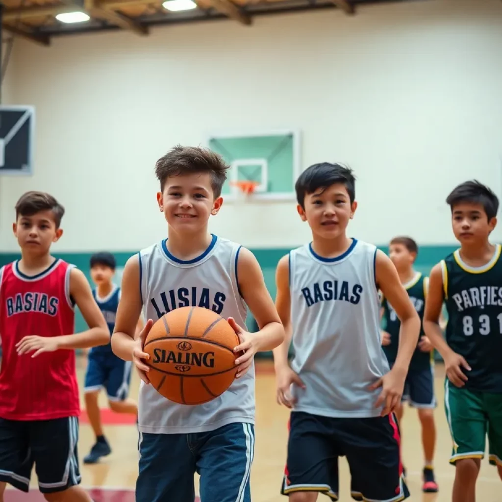Young basketball players competing on the court