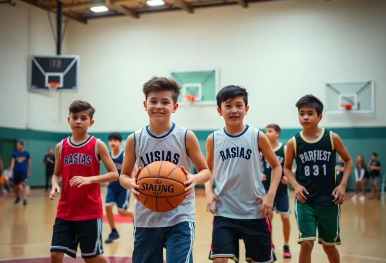 Young basketball players competing on the court