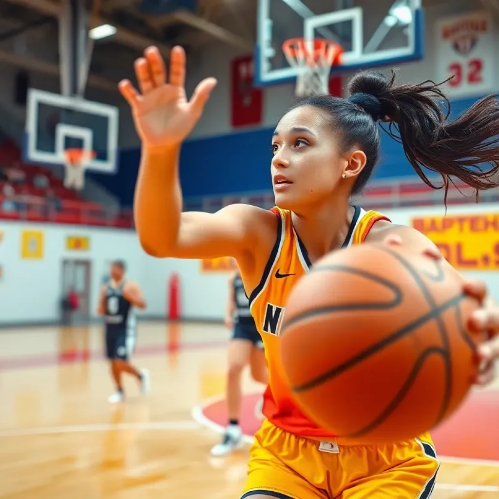 Female basketball player in action displaying athletic skills