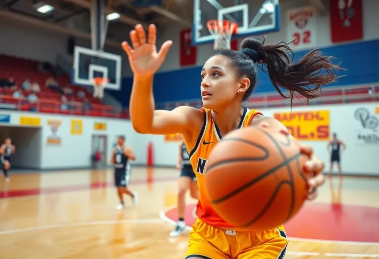 Female basketball player in action displaying athletic skills