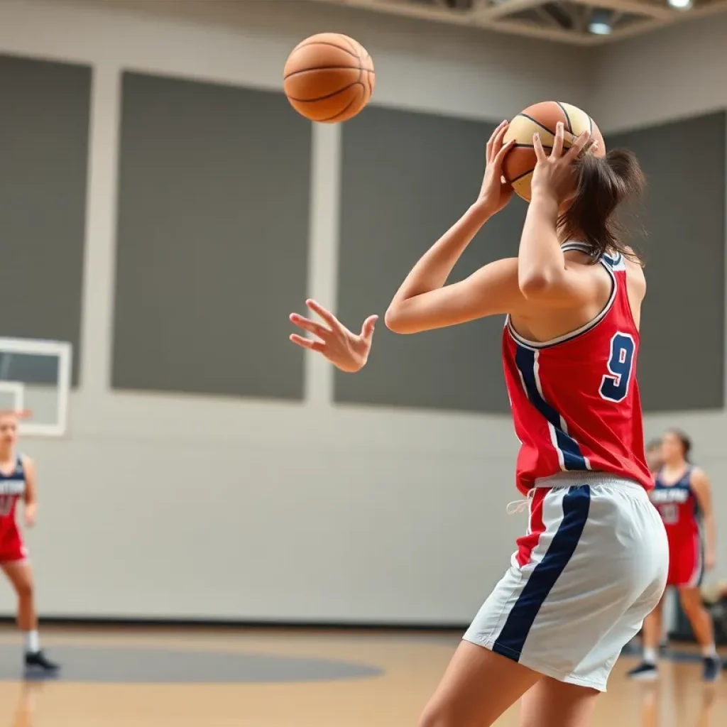 A female basketball player shooting a basketball during a game.