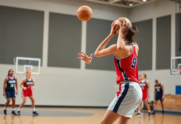 A female basketball player shooting a basketball during a game.