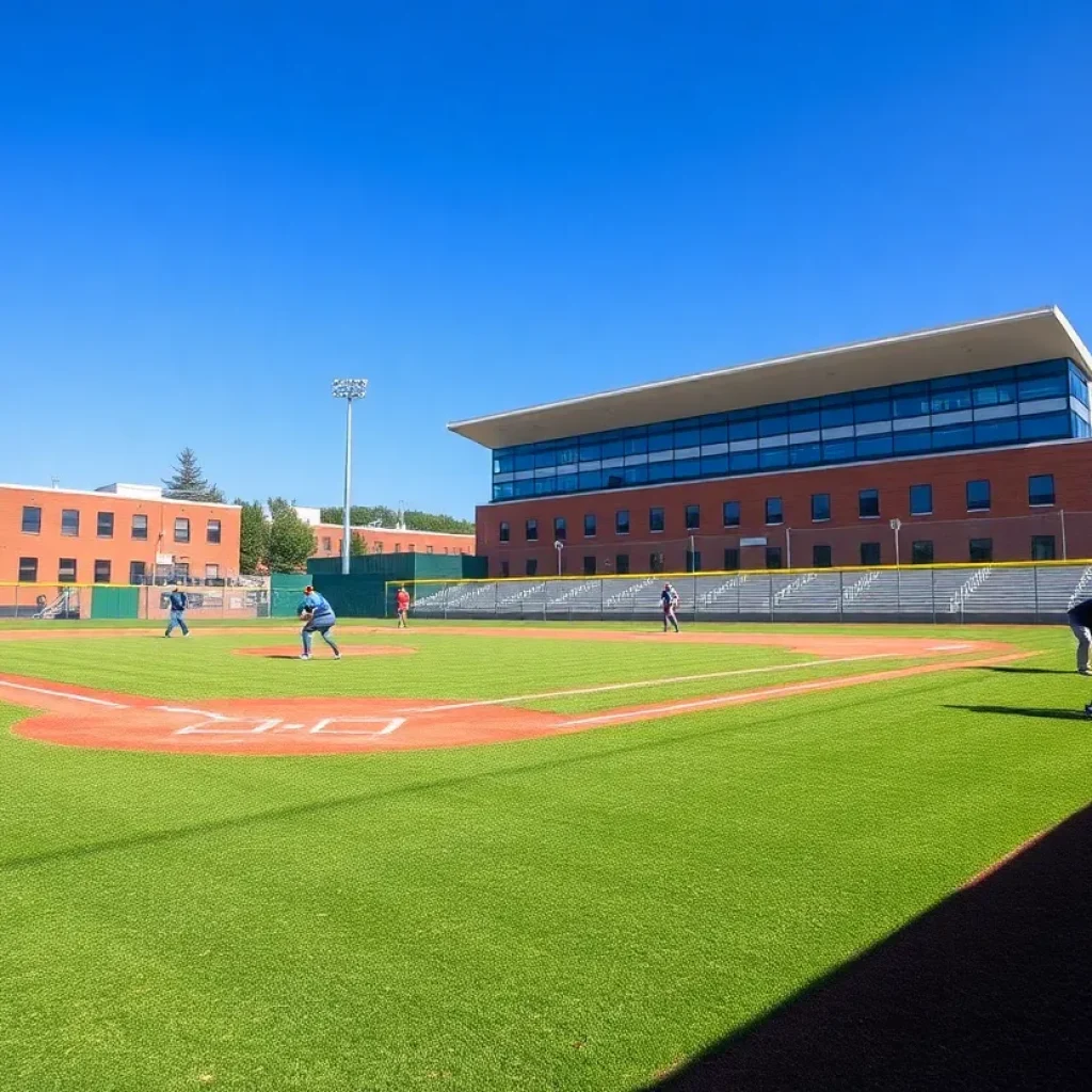 Players enjoying a baseball game on the newly improved field at East High School