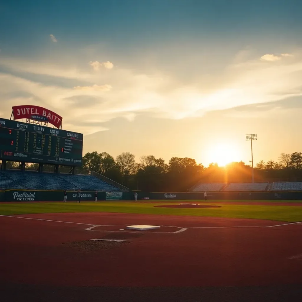 A scenic view of a baseball field at sunset with players practicing