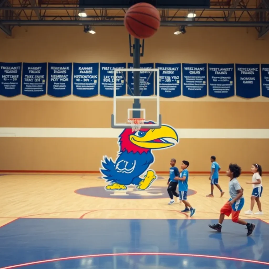 Boys and girls participating in a basketball camp with Kansas Jayhawks branding.