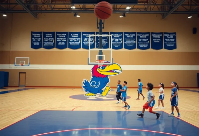 Boys and girls participating in a basketball camp with Kansas Jayhawks branding.