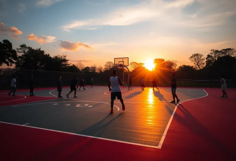 Silhouettes of players practicing on a basketball court at sunset