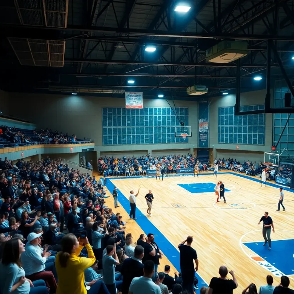 Crowd cheering in a basketball gym