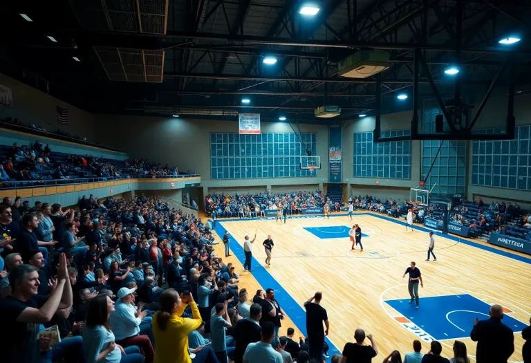 Crowd cheering in a basketball gym