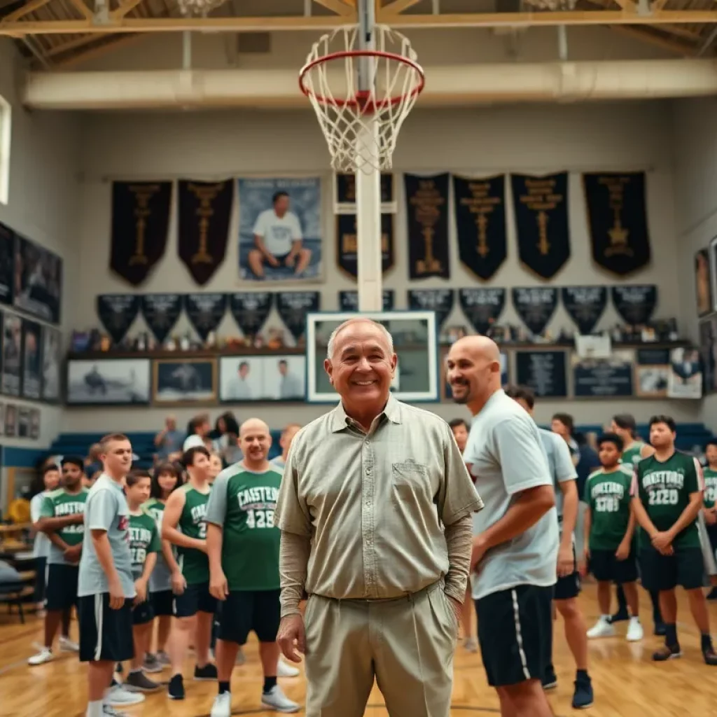 Basketball gym filled with memorabilia honoring a coach