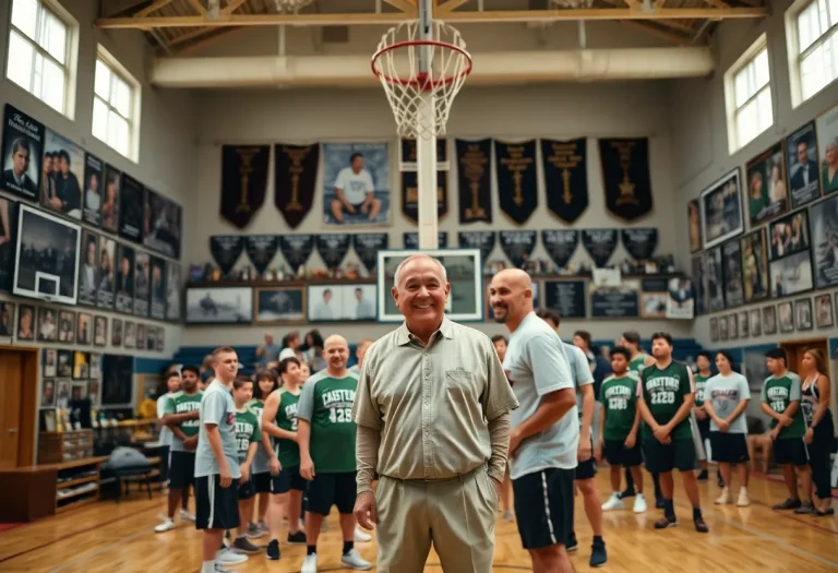 Basketball gym filled with memorabilia honoring a coach