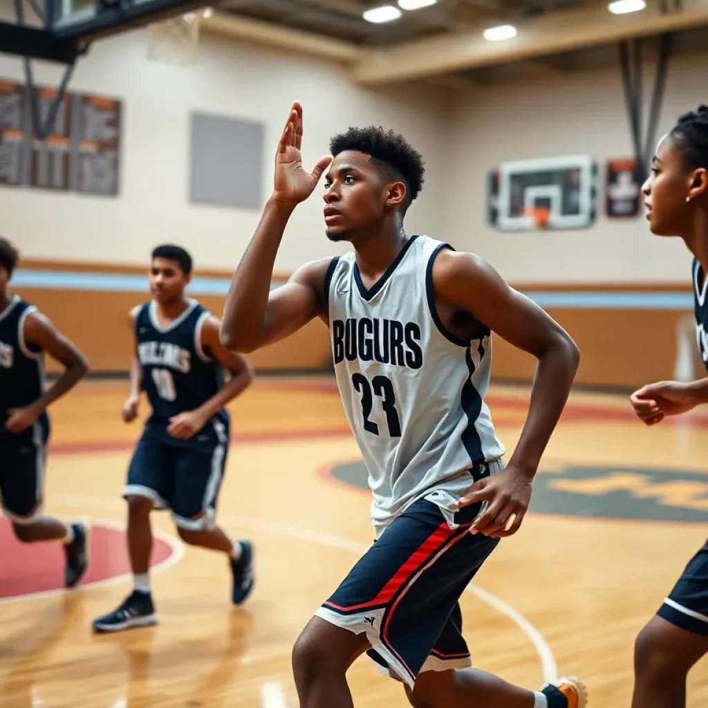 High school basketball players practicing on the court.