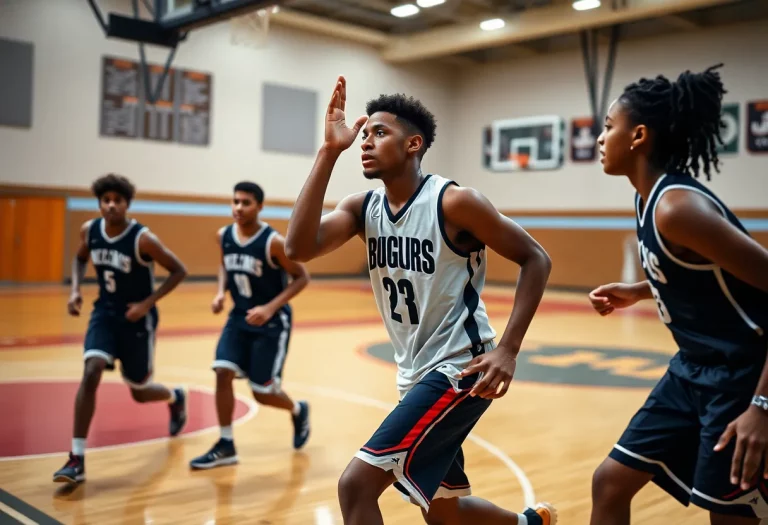 High school basketball players practicing on the court.