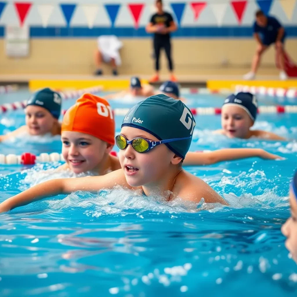 Young swimmers competing in a race at Belfast Area High School's swim pool.