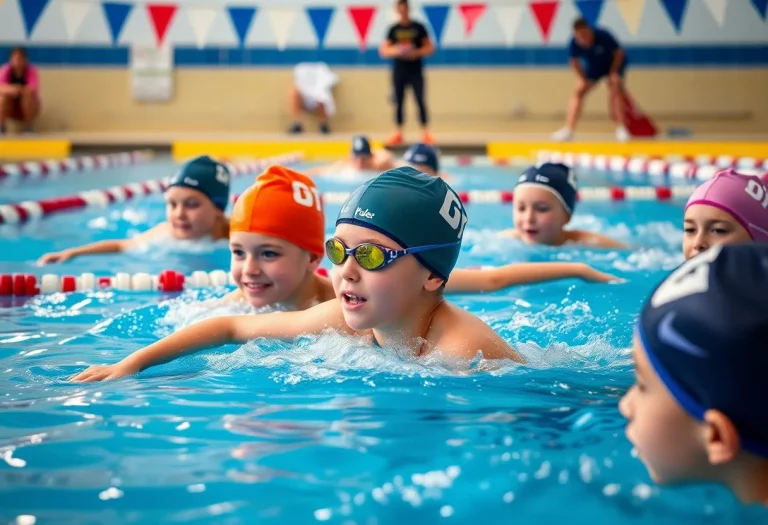 Young swimmers competing in a race at Belfast Area High School's swim pool.