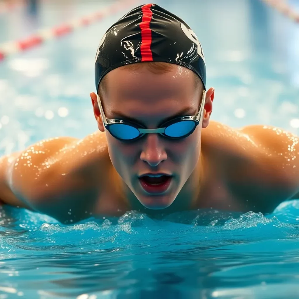 High school swimmer training in a pool demonstrating athletic skills.