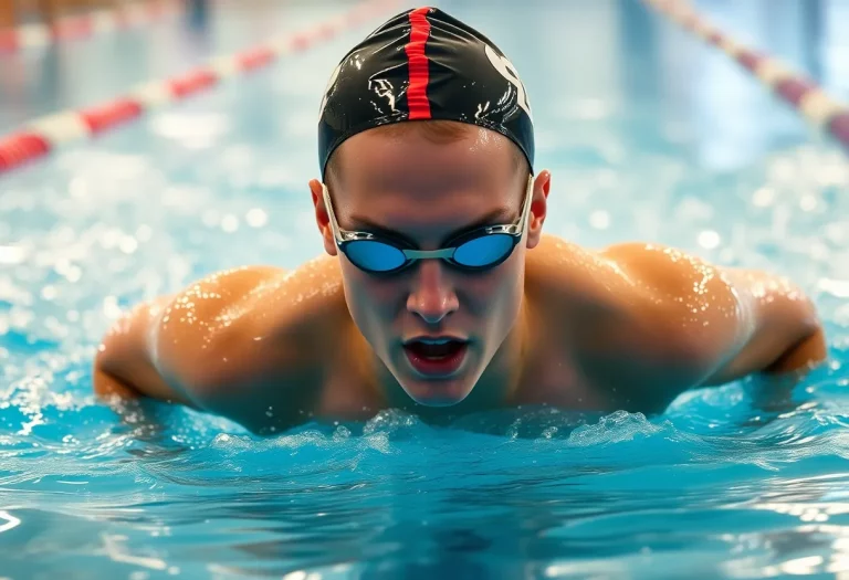 High school swimmer training in a pool demonstrating athletic skills.