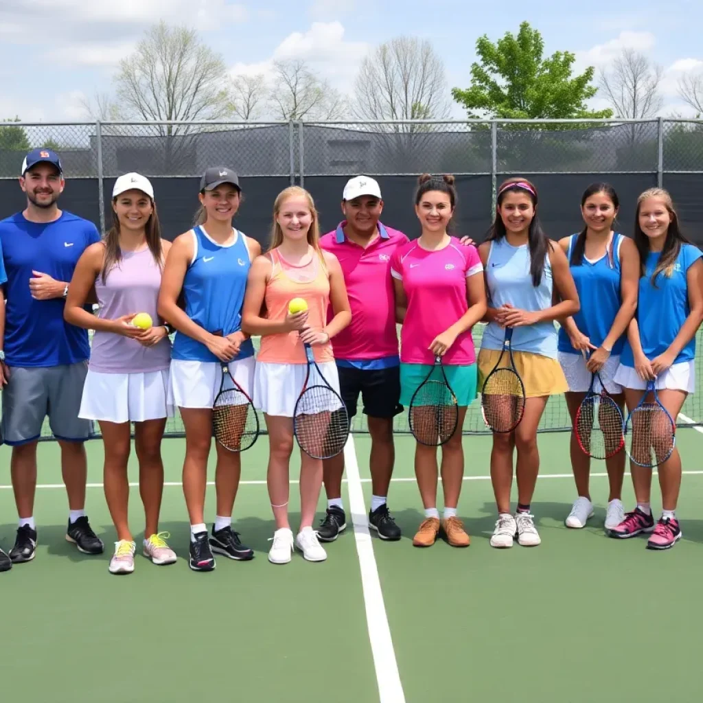 Bemidji High School tennis team celebrating seniors during a match.