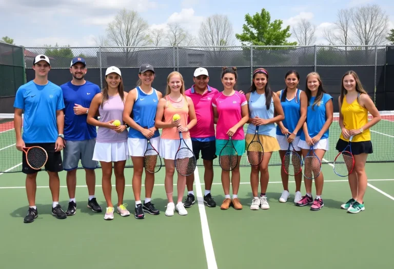 Bemidji High School tennis team celebrating seniors during a match.