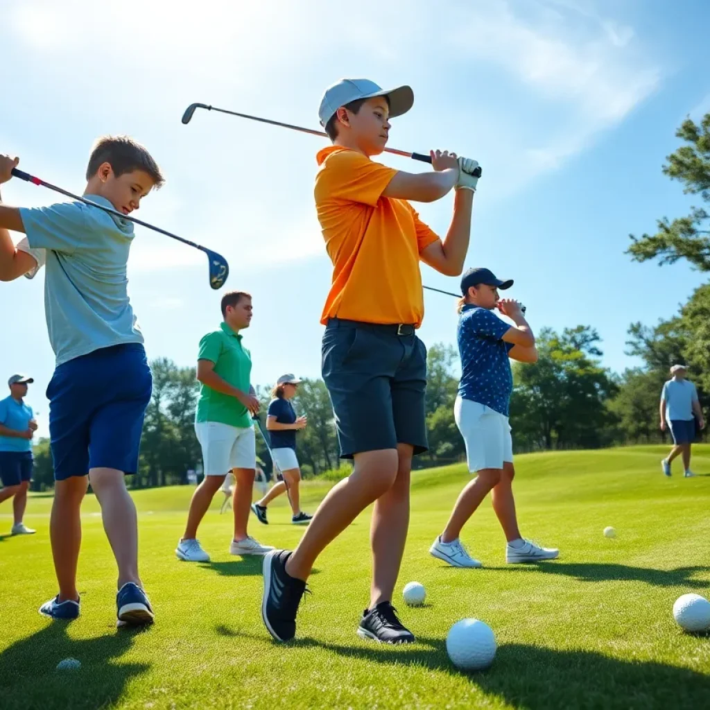 Young golfers practicing on a sunny golf course