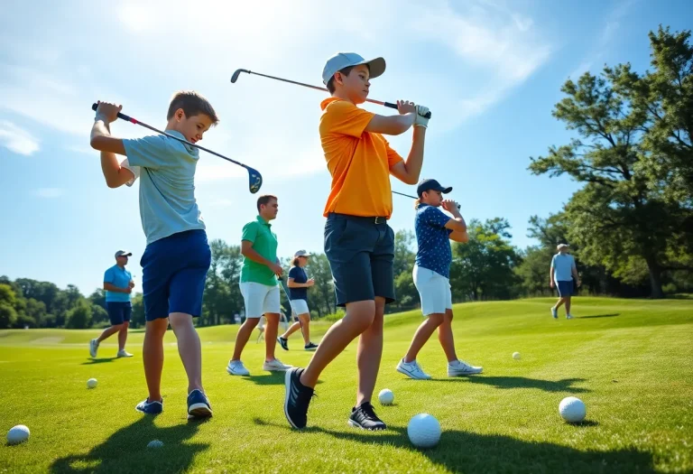Young golfers practicing on a sunny golf course